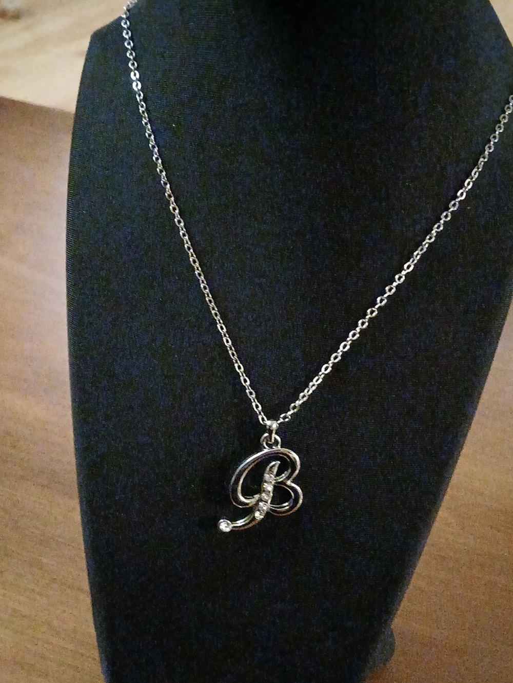 Silver Tone 'B' Initial Pendant Necklace With Rhinestones 20"